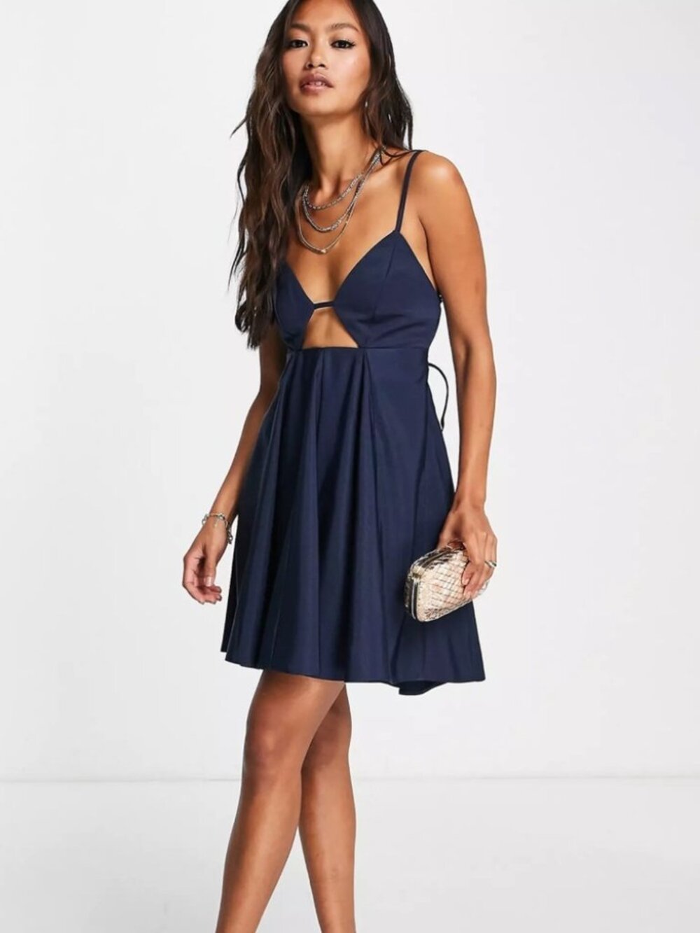 ASOS Structured Strappy Mini Dress with Lace Up Back in Navy